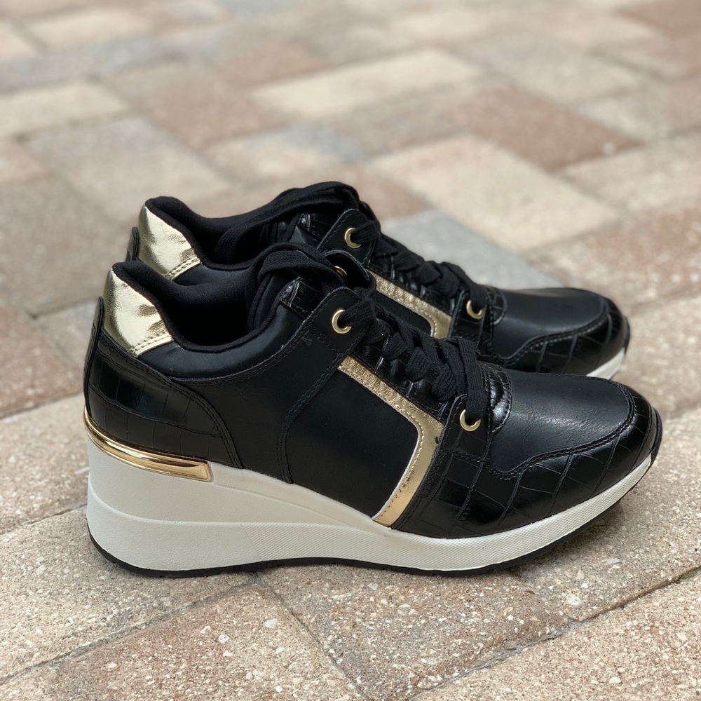 Aldo black and gold sporty wedge sneakers
